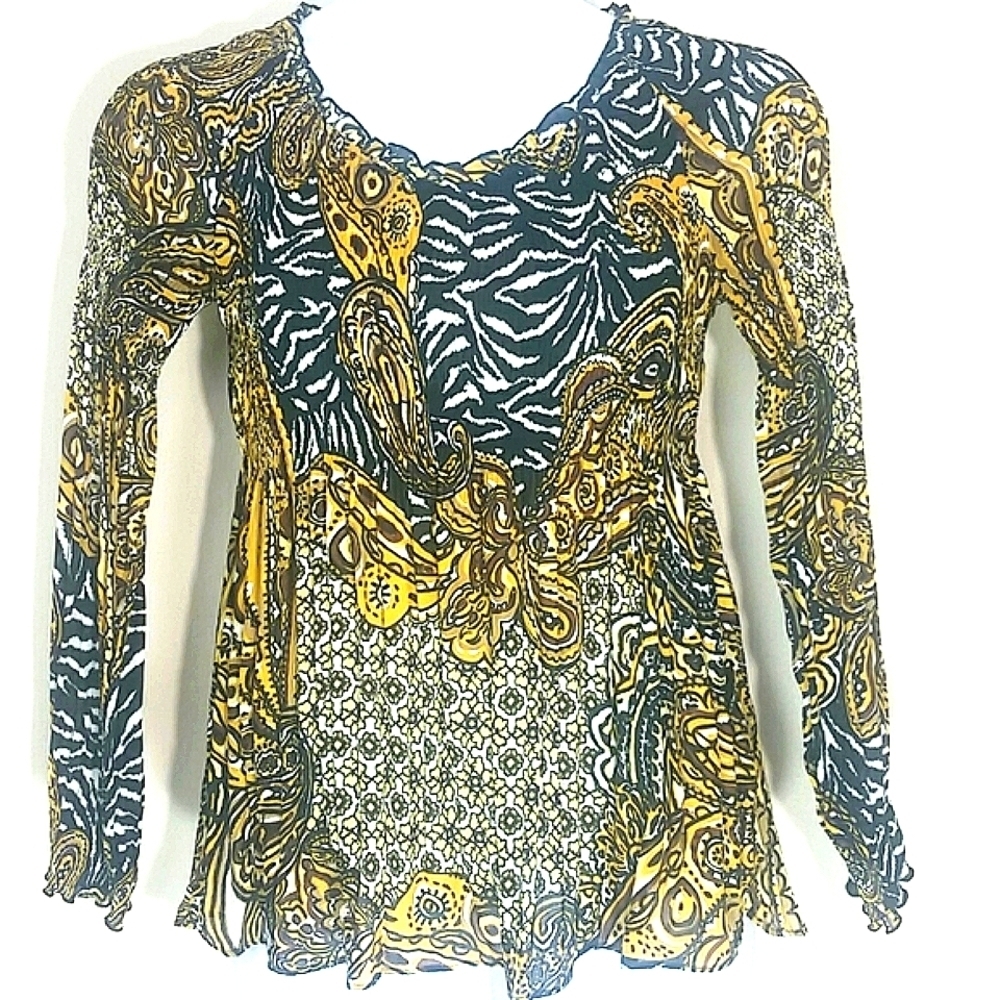 Sharagano Zebra Print Gold Baroque Paisley Tunic Top Long Sleeve Small S Mobwife
